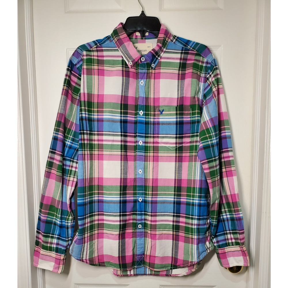American Eagle Shirt Mens Large Green Blue Plaid Check Classic Fit Button Down